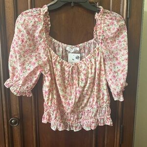 Lush Women's Floral Print Puff Short Sleeve Crop Summer Boho Sweetheart Top